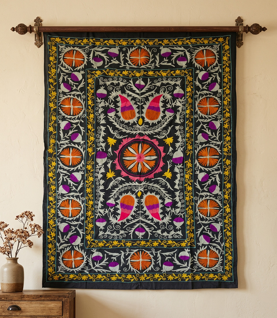 Vintage Suzani Embroidered Wall Hanging Tapestry Uzbek Floral Boho Decor Large