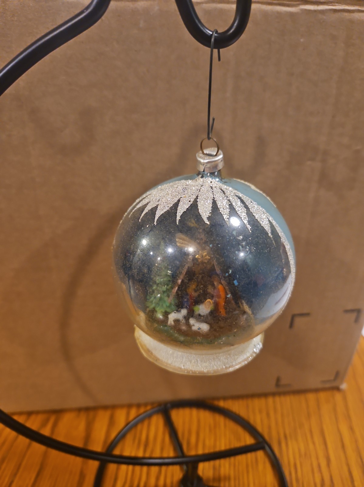 Vintage West Germany Mercury Glass Diorama Nativity Christmas Ornament Mica