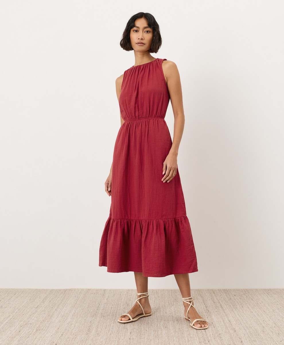 Pact Coastal Double Gauze Tiered Midi Dress Poppy Red Size Medium Pact Coastal Double Gauze Tiered Midi Dress Poppy Red Size Medium