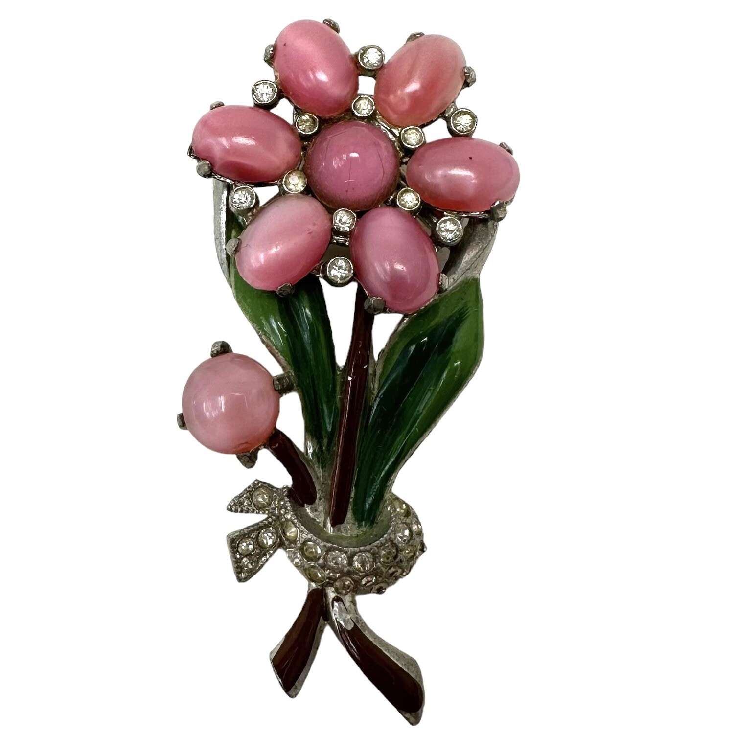 Vintage 1940s Pink Lucite Moonglow Rhinestone Enamel Flower Fur Clip Brooch