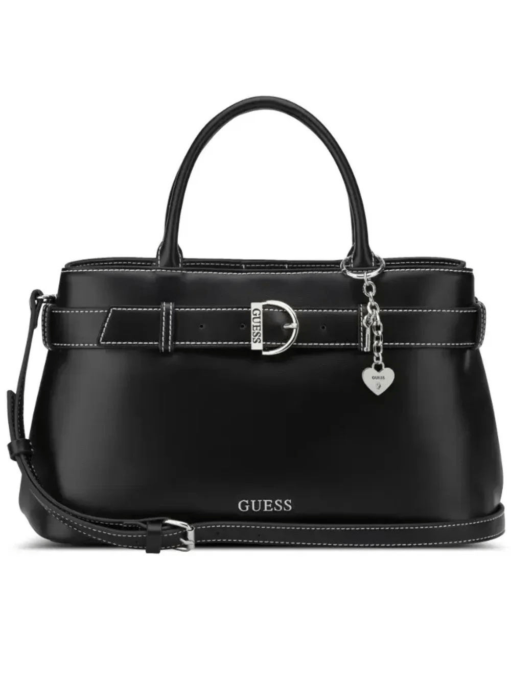 GUESS Black Satchel with Silver Hardware and Heart Charm GUESS Black Satchel with Silver Hardware and Heart Charm