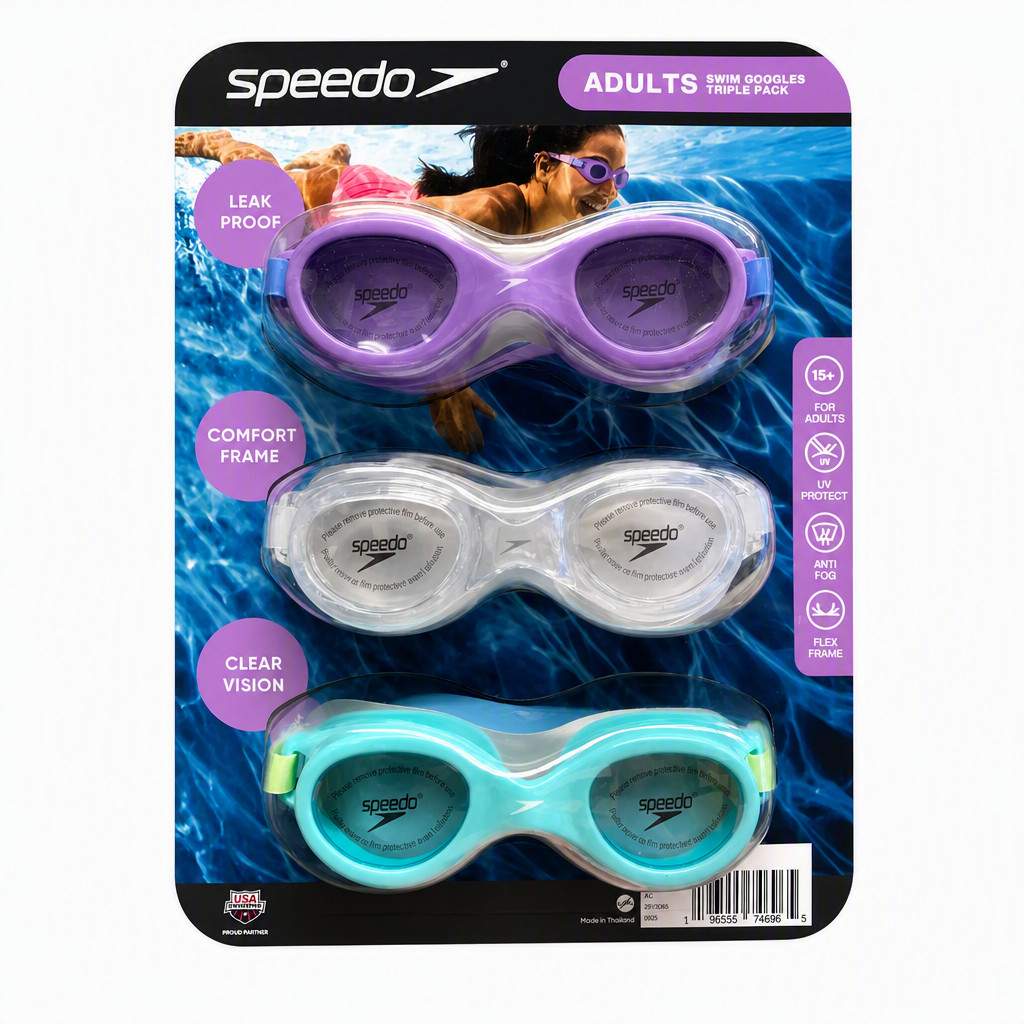 SPEEDO 3 Pack Adult Swim Goggles Anti Fog Leak Proof - Purple / Clear / Teal