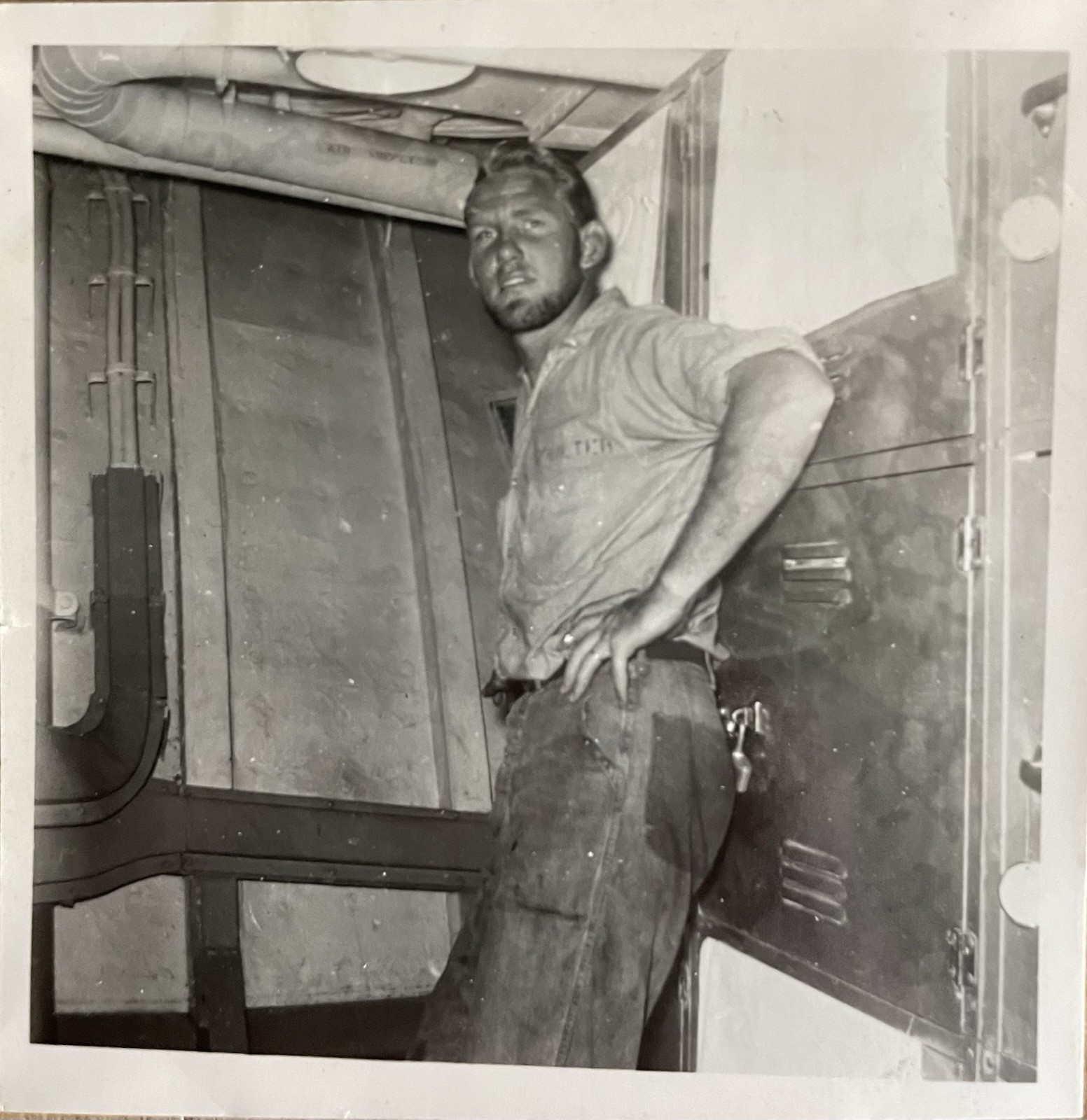 Handsome Man w/ Dirty Face Ship’s Engine Room 1940s Gay Interest Handsome Man w/ Dirty Face Ship’s Engine Room 1940s Gay Interest