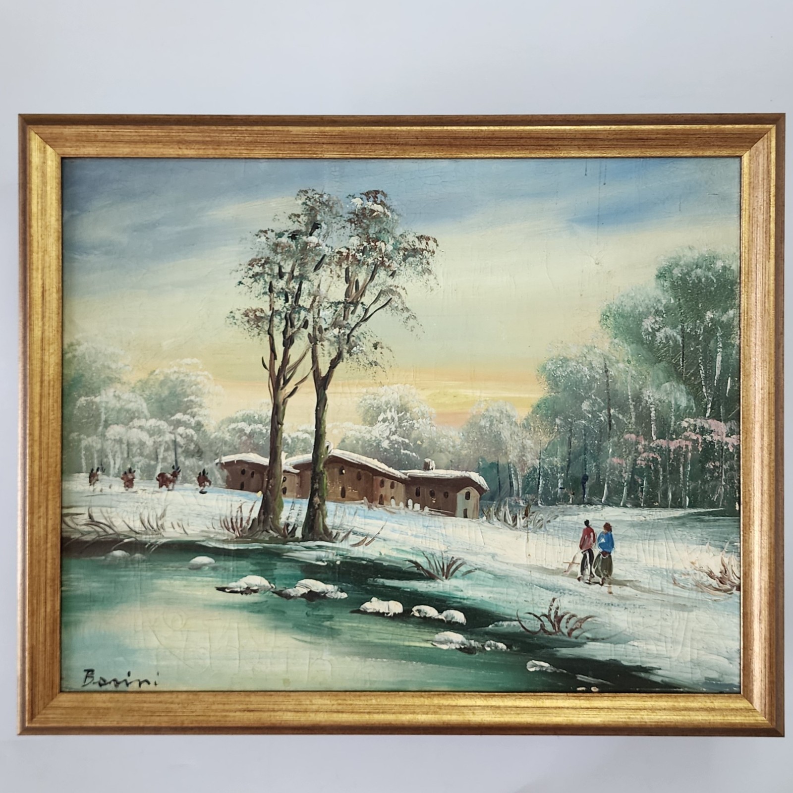 Original Basini Oil Painting - Signed 19thC Winter Scene Custom Framed 16x20