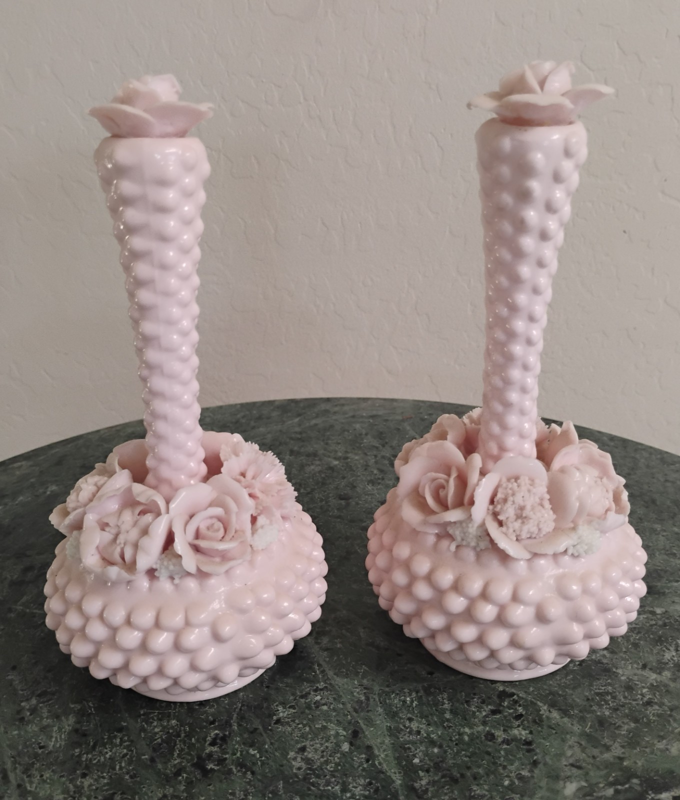 Vtg Fenton Pink Milk Glass Hobnail Flowers Perfume bottles