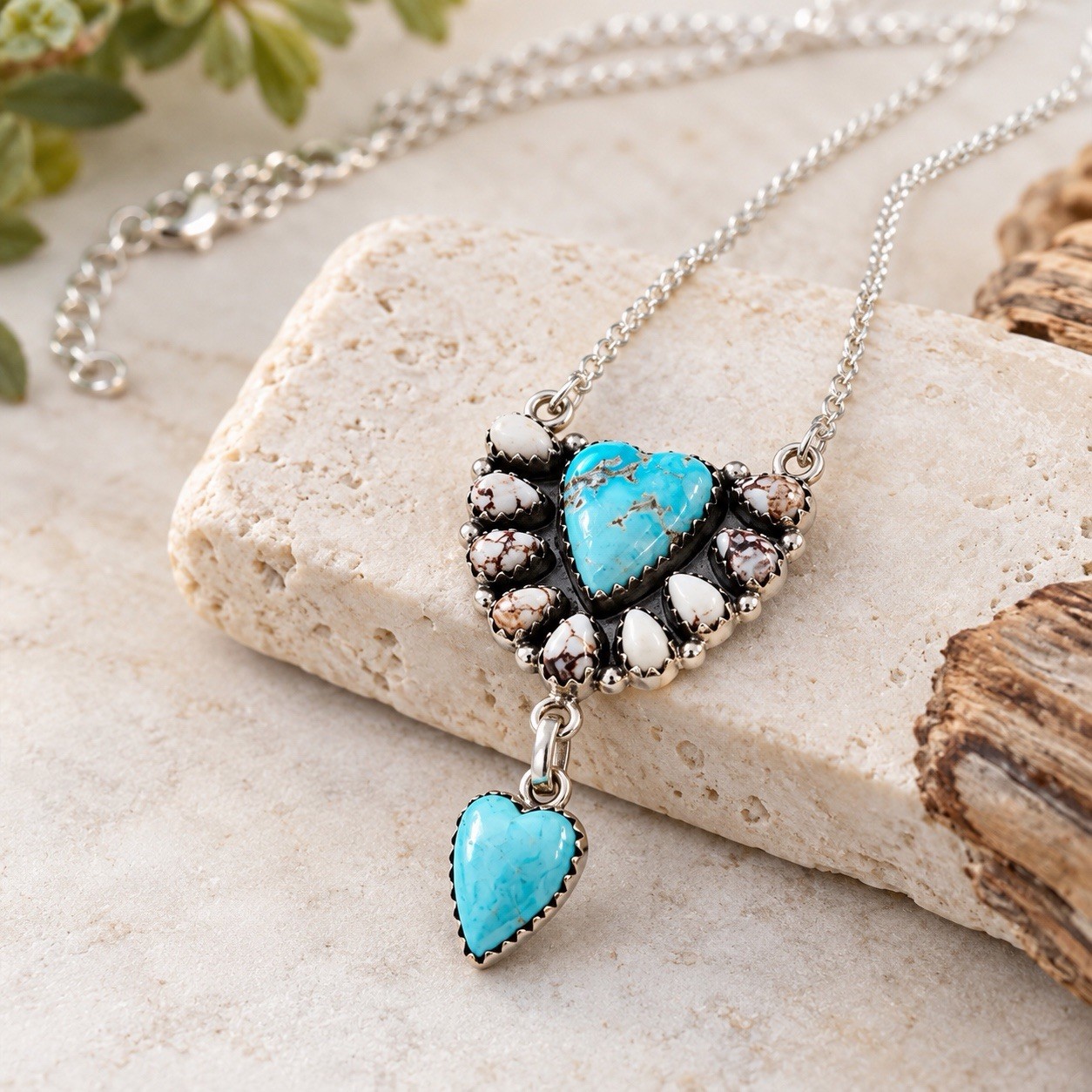 Kingman & Wild Horse Turquoise Sterling Silver Double Heart Lariat Necklace NWT
