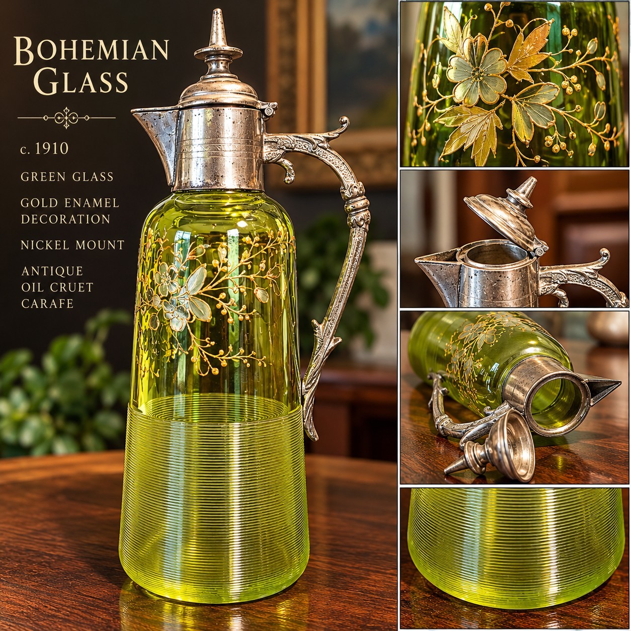 🇨🇿 c.1910 Bohemian Vaseline-Color Green Glass Oil Cruet Gold Enamel Antique 🇨🇿 c.1910 Bohemian Vaseline-Color Green Glass Oil Cruet Gold Enamel Antique