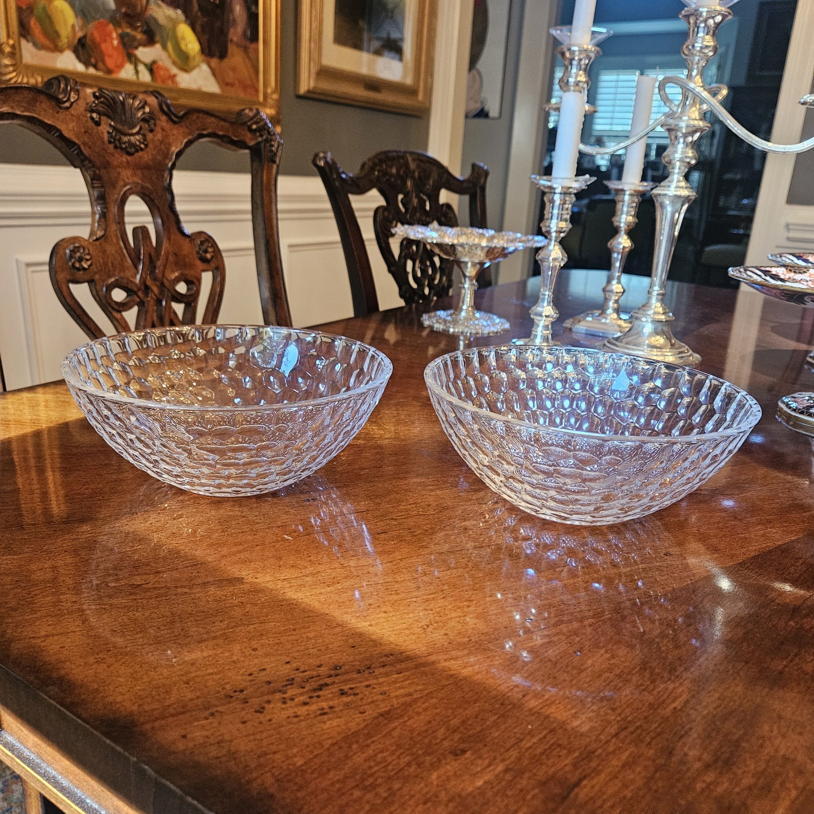 Pair Tiffany & Co Crystal Honeycomb Tortoiseshell Pebble Bowl 8