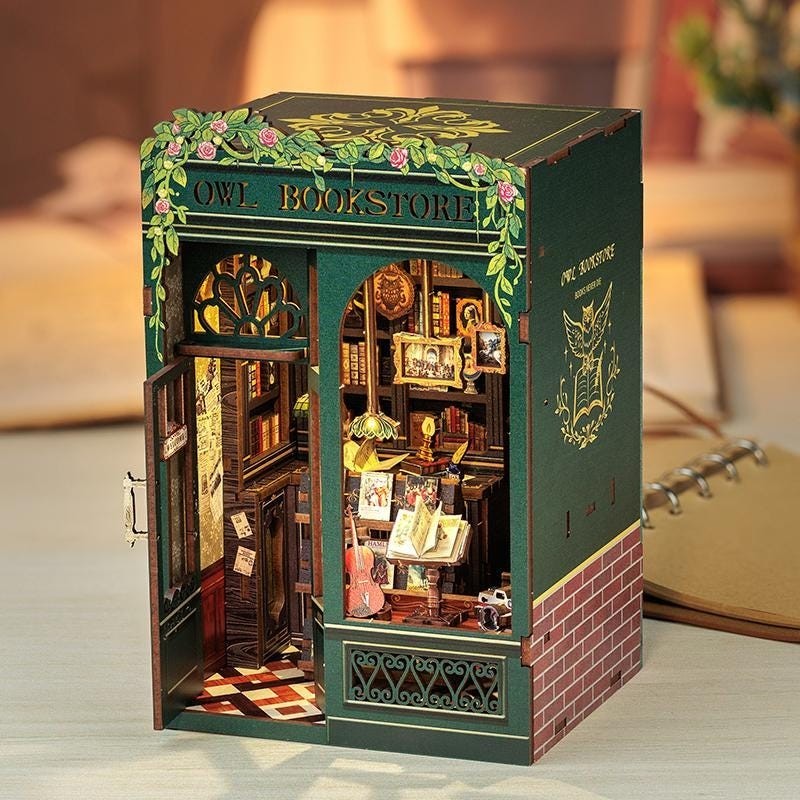 Owl Bookstore DIY Book Nook Kit Miniature Bookshop Dollhouse LED Light Gift