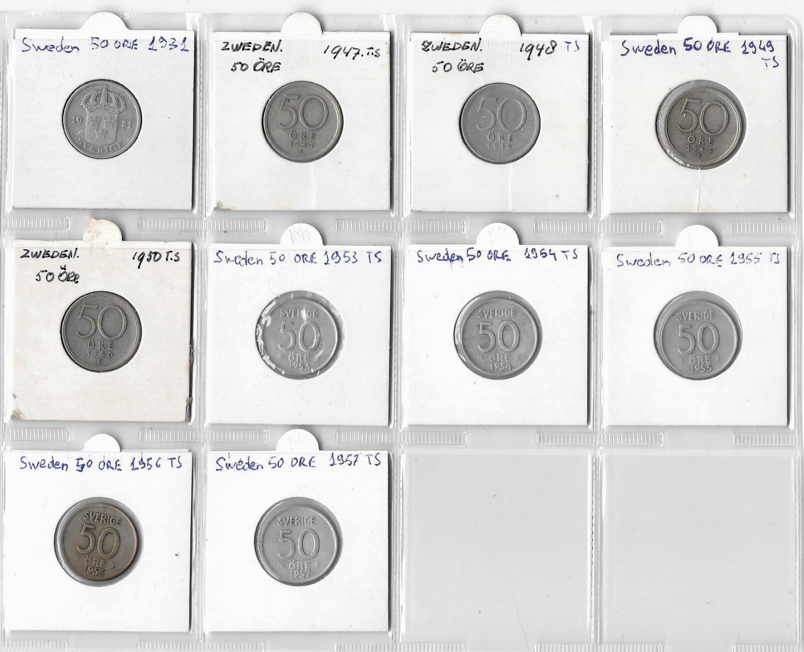 SWEDEN COLLECTION OF 10 COINS, 50 ORE 1931-1957 Silver,  All Different. 1O.4