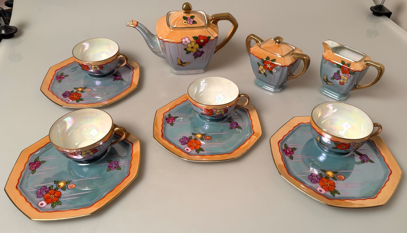 Noritake M 1930\'s Art Deco Floral Butterfly Tea Set Cups Plates Pot Cream Sugar