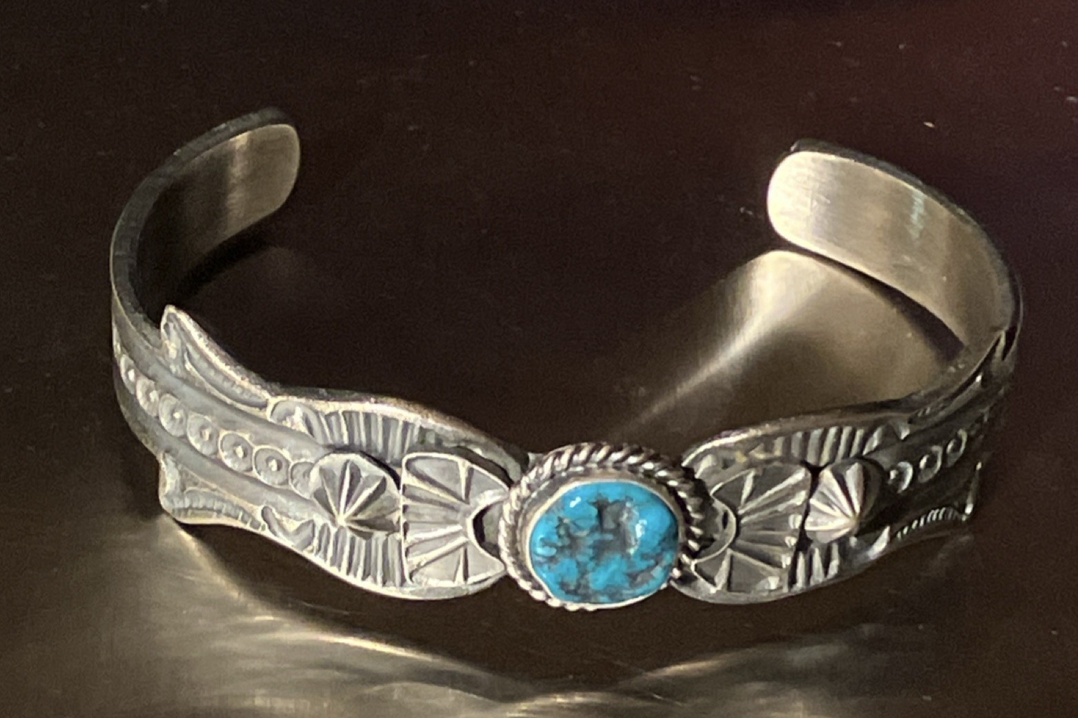 Kevin Billah Navajo Handmade Sterling Silver Stamped Kingman Turquoise Cuff sign Kevin Billah Navajo Handmade Sterling Silver Stamped Kingman Turquoise Cuff sign
