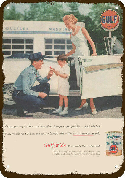 1957 GULF MOTOR OIL Gas Station Attendant VntgLook DECORATIVE REPLICA METAL SIGN 1957 GULF MOTOR OIL Gas Station Attendant VntgLook DECORATIVE REPLICA METAL SIGN