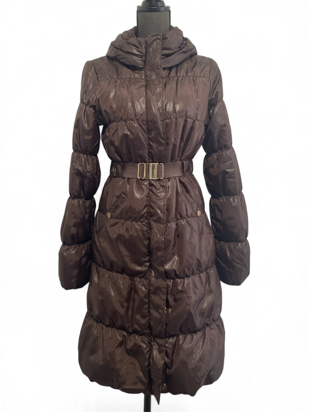 H&M Women\'s Shiny Long Belted Puffer Jacket Coat - Size US 2 / EUR 32