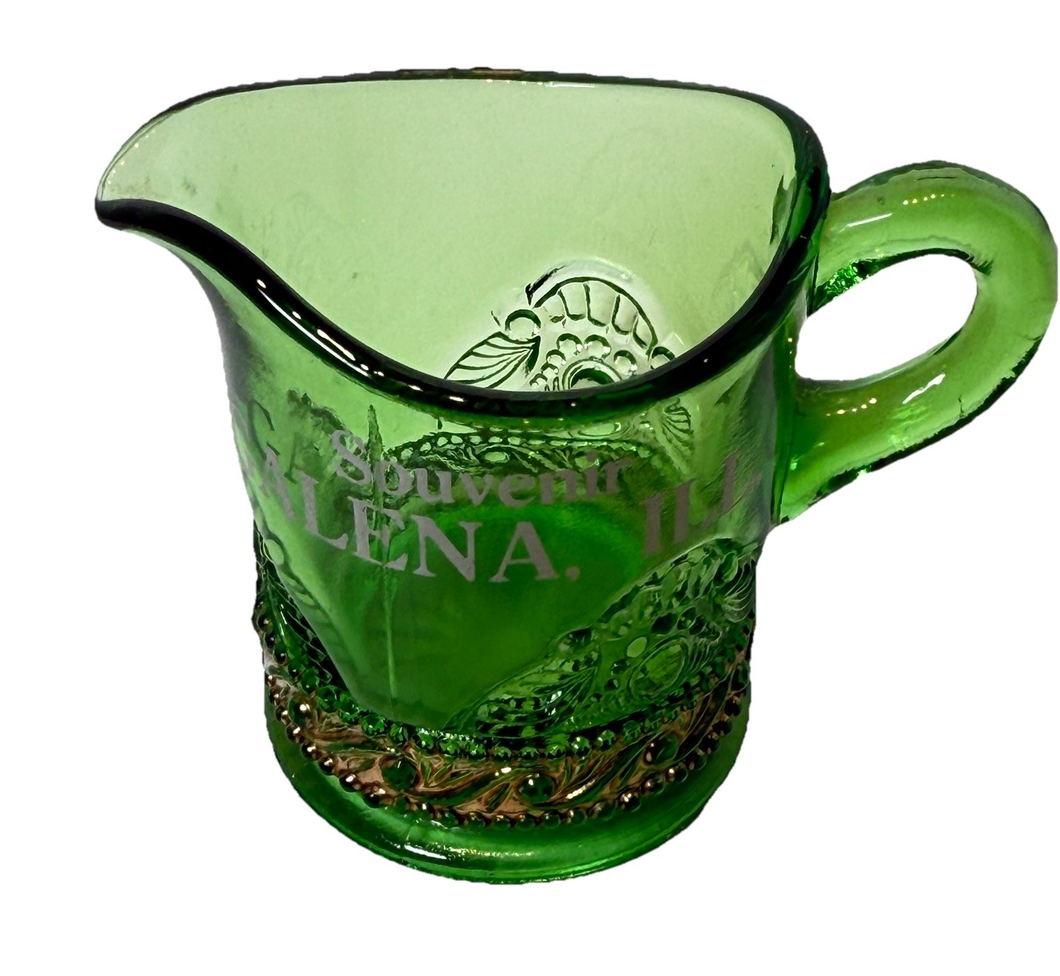 RARE GALENA, ILLINOIS IL ANTIQUE  Green Depression Souvenir Glass Gold CREAMER