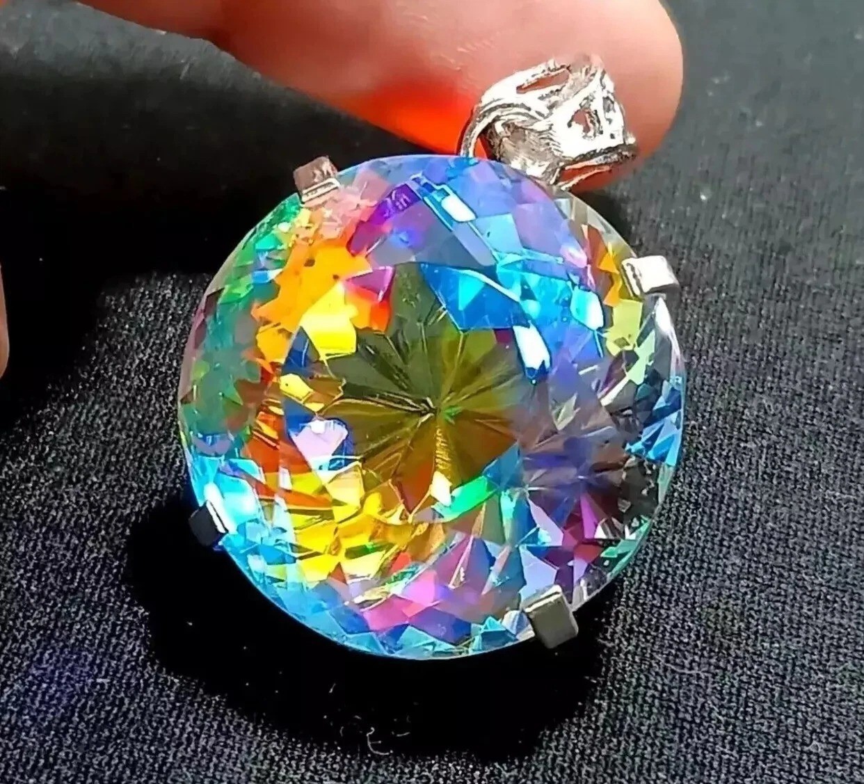Natural Mystic Topaz 28mm 925 Solid Silver Rainbow Pendant Round And Trillion