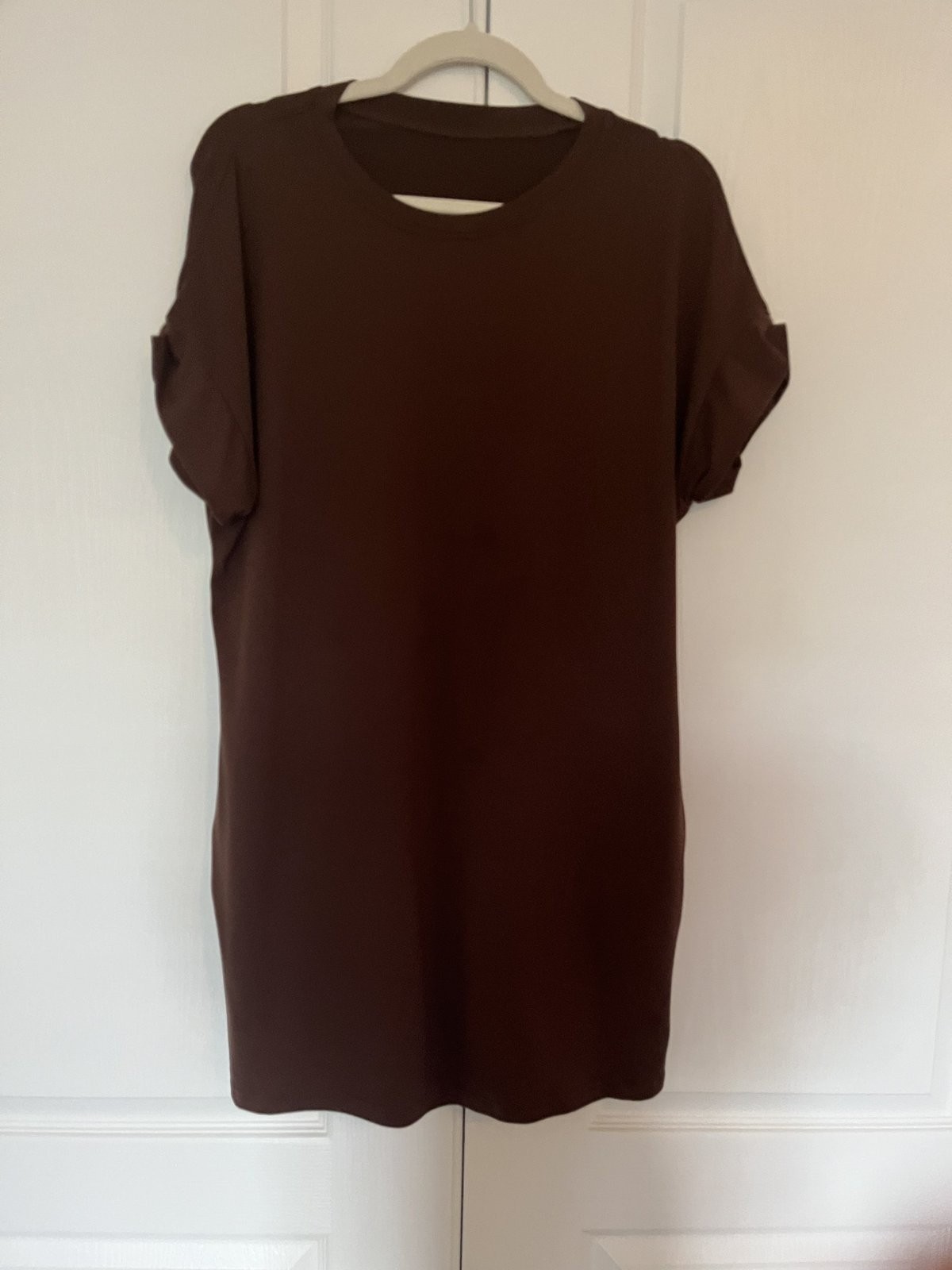 Womens Chocolate Brown Oversized T Shirt Dress Roll Cuff Sleeve Side Vent Tunic