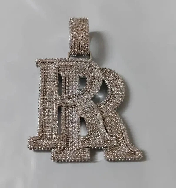 3.30 Ct Round Cut Moissanite Customize RR Letter Pendant 14K White Gold Plated