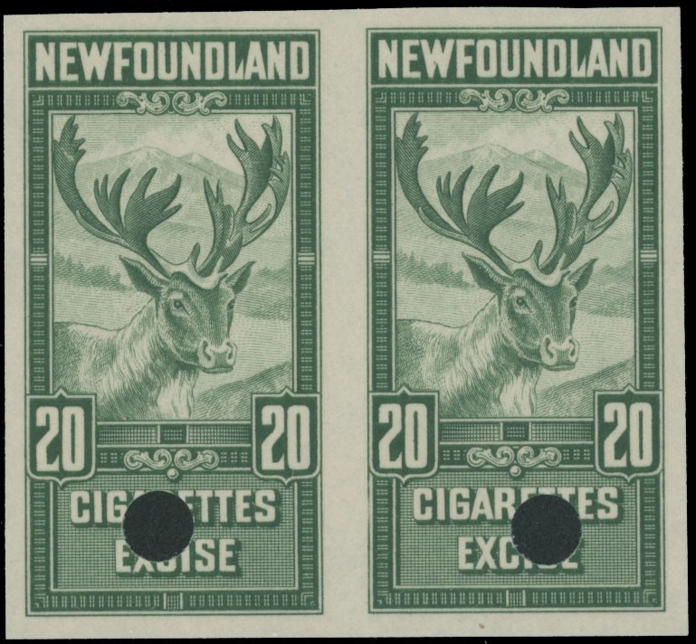 1940 NEWFOUNDLAND 20 CIGARETTES EXCISE, IMPERF PAIR W/SECURITY PUNCH, NSSC#TB45c