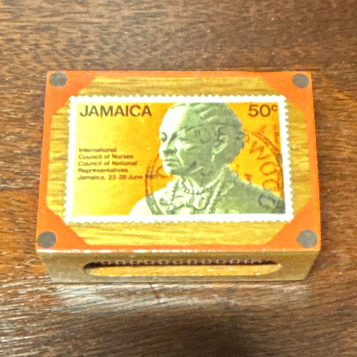 Vintage Jamaica 50c Stamp Design Wooden Match Holder Striker Box Collectible Vintage Jamaica 50c Stamp Design Wooden Match Holder Striker Box Collectible
