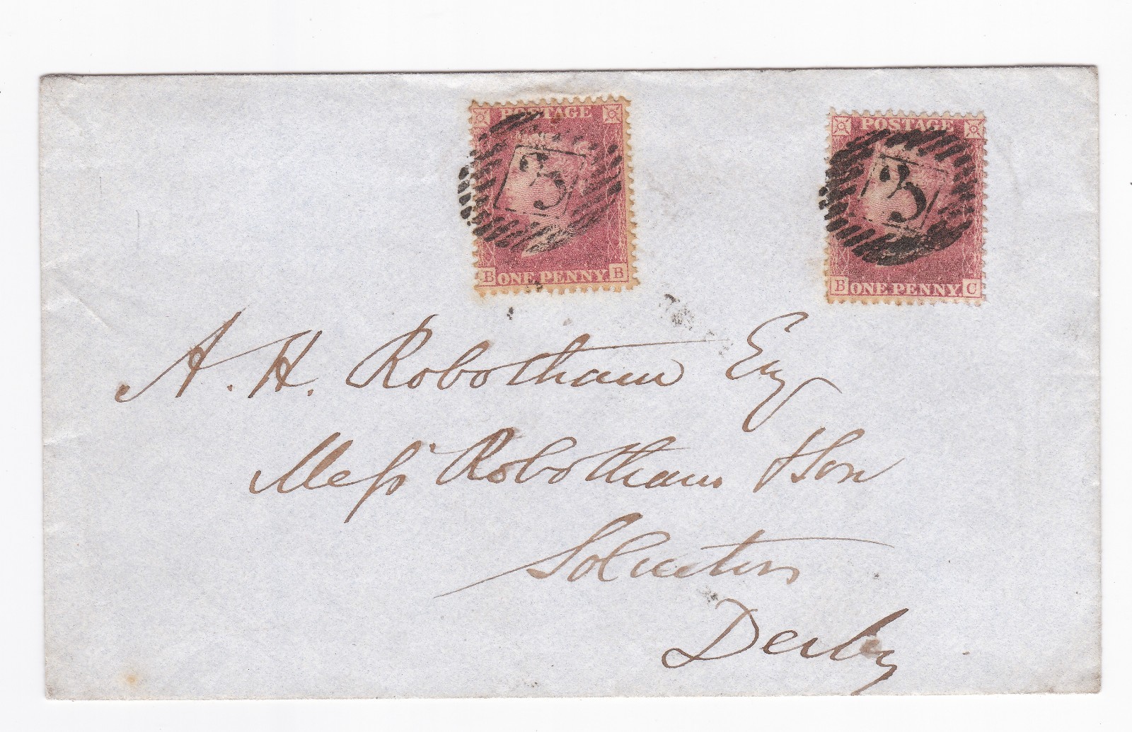 1863 QV FINE TWO x 1d PENNY RED STAMPS ON LONDON COVER TO DERBY SOLICITORS 1863 QV FINE TWO x 1d PENNY RED STAMPS ON LONDON COVER TO DERBY SOLICITORS
