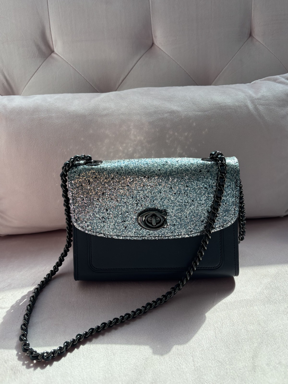 Coach Parker 18 ✧ Glitter & Leather Crossbody Bag ✧ Midnight Navy/Silver Coach Parker 18 ✧ Glitter & Leather Crossbody Bag ✧ Midnight Navy/Silver