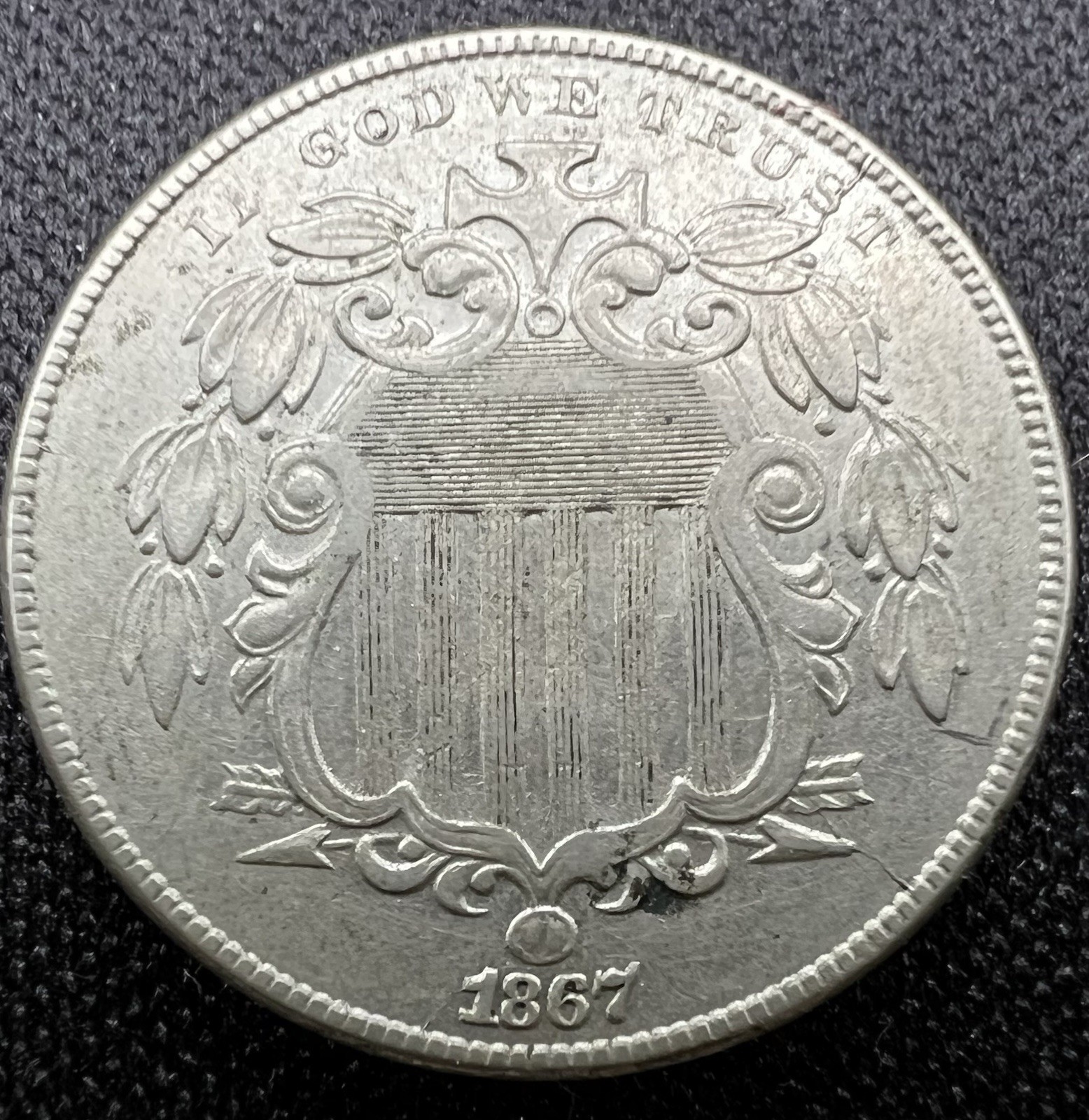 1867 NO RAYS Shield Nickel AU++ Details Choice Scarce US 5c, Cleaned 1867 NO RAYS Shield Nickel AU++ Details Choice Scarce US 5c, Cleaned