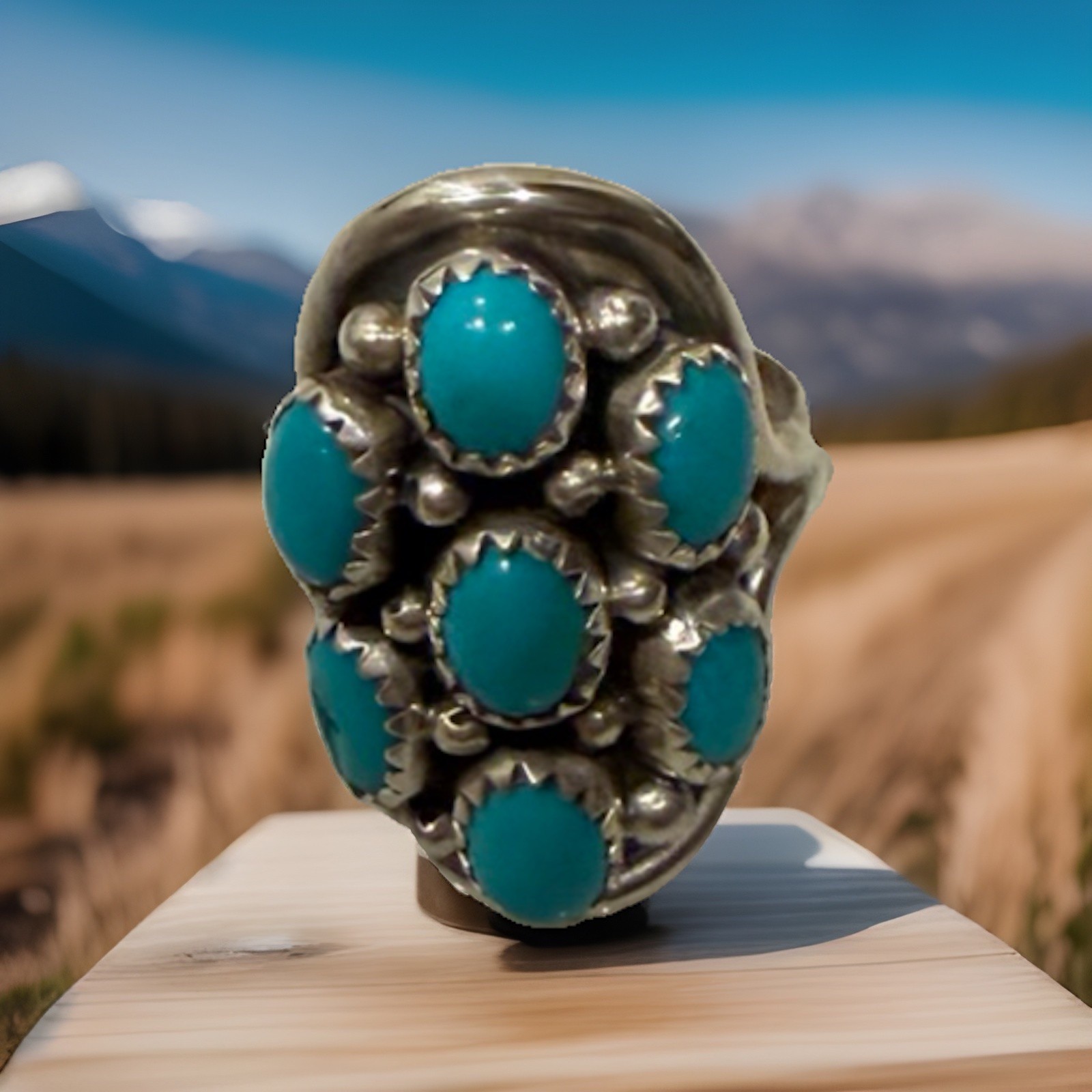Vintage Navajo Sterling Silver Natural Turquoise Cluster Ring Size 8