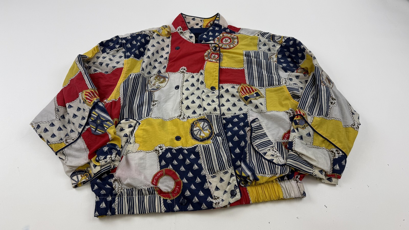 Vintage Lizsport Jacket Womens Large Nautical Sailboat Patchwork Bomber 90s