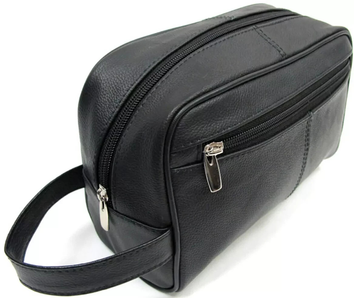 Quality Genuine Cow Leather Men\'s Shaving Toiletry and Travel Bag 3 Zipper Black