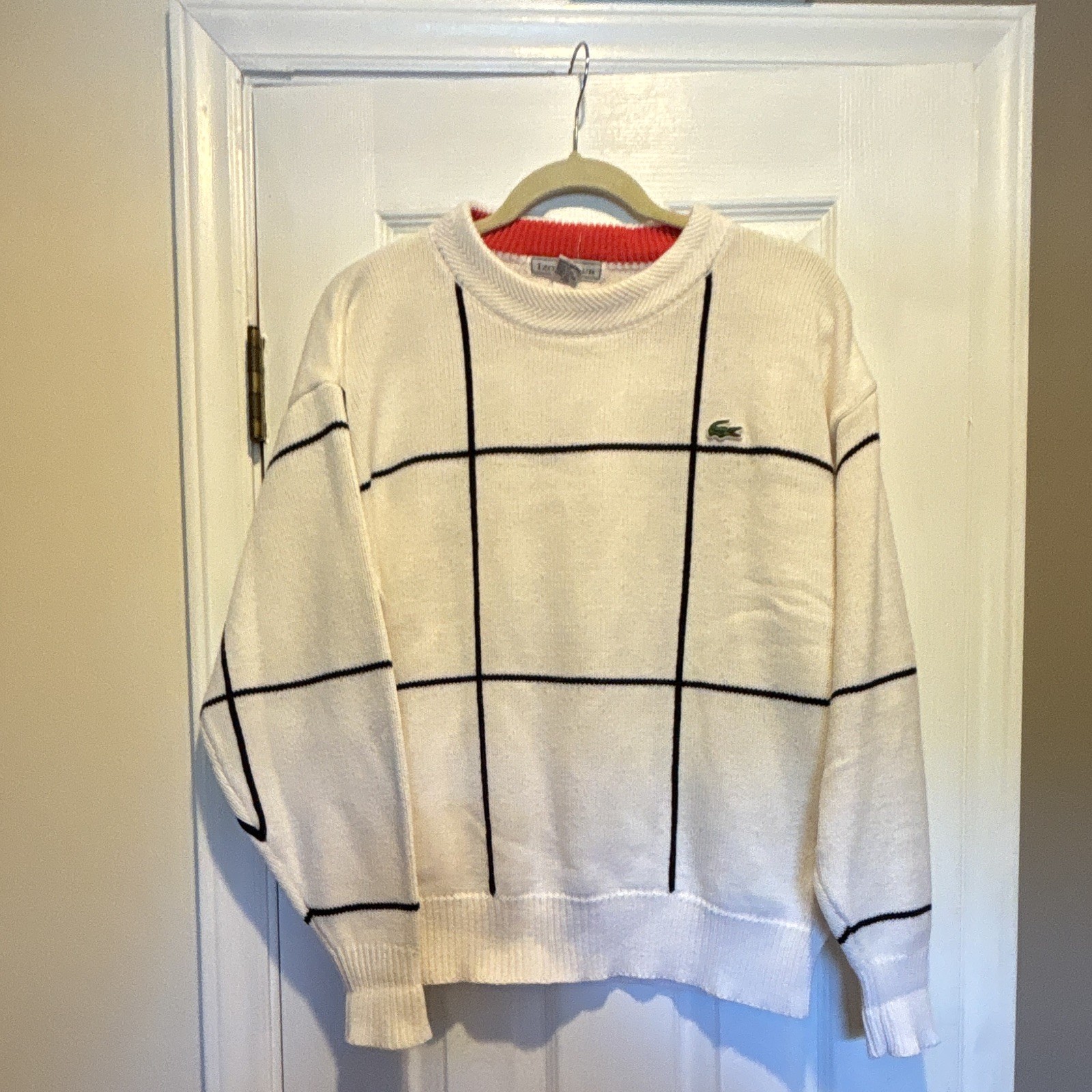 Vintage 80s Izod Club Lacoste Windowpane Grid Sweater Mens M Acrylic Ivory Vintage 80s Izod Club Lacoste Windowpane Grid Sweater Mens M Acrylic Ivory