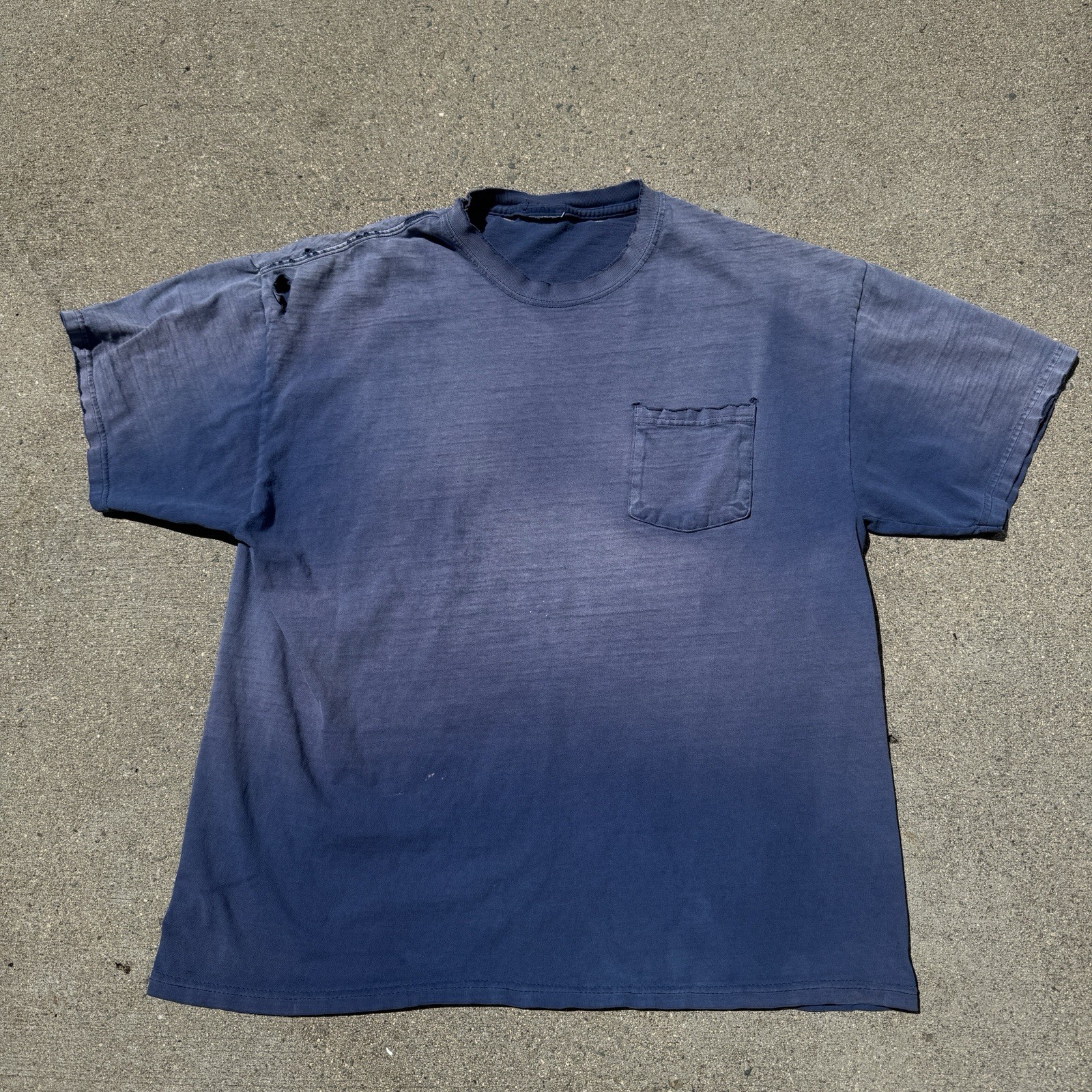 Vintage Navy Blue Pocket Tee Shirt Large Blank Faded Thrashed Distressed
