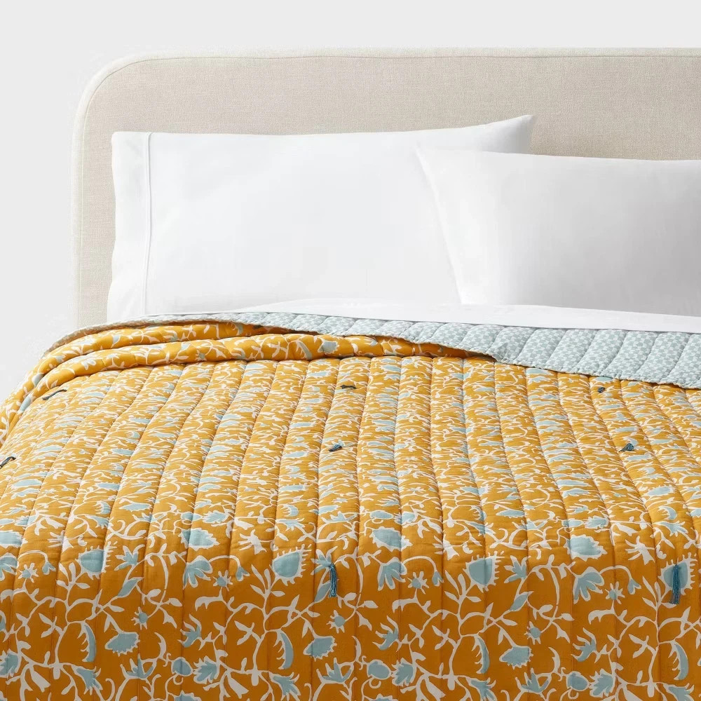 King Earthy Vines Quilt Mustard Yellow/Teal Blue - Threshold: Cotton King Earthy Vines Quilt Mustard Yellow/Teal Blue - Threshold: Cotton