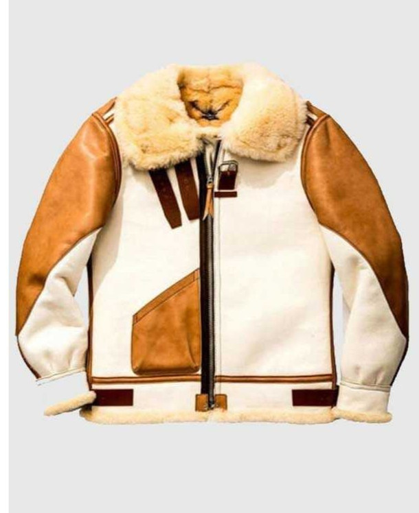 Men’s White B3 RAF Aviator Jacket Shearling Fur Real Leather Bomber Coat