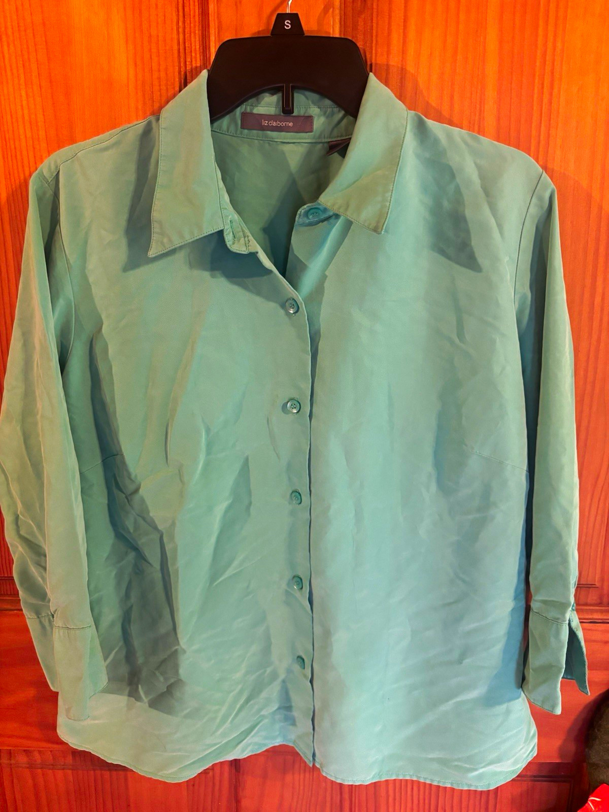 Liz Claiborne Womens Woven Collared Button-Up Long Sleeve Blouse Teal 12 Liz Claiborne Womens Woven Collared Button-Up Long Sleeve Blouse Teal 12