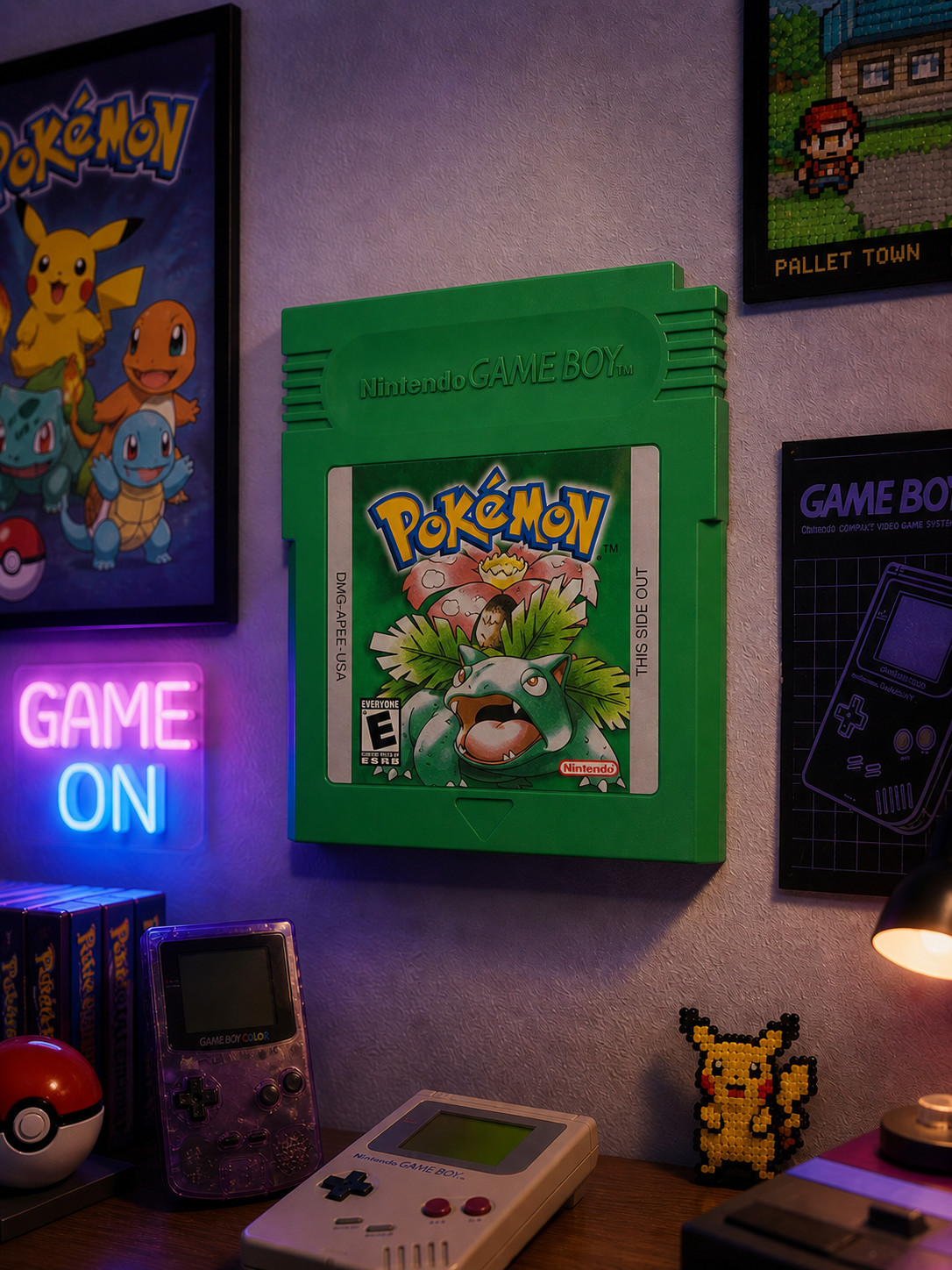 3D Printed Pokemon Green Gameboy Cartridge Wall Art – 9x8in Retro Gaming Decor