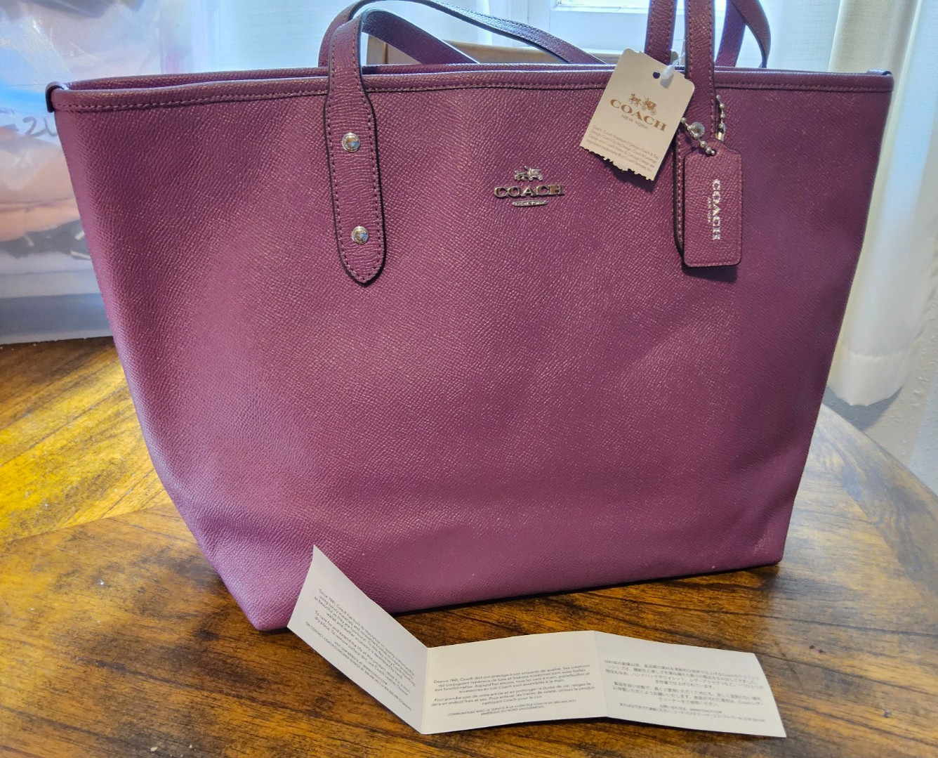 NWT Coach Crossgrain Leather City Tote Bag + Handmade Custom Bag Charm - Purple