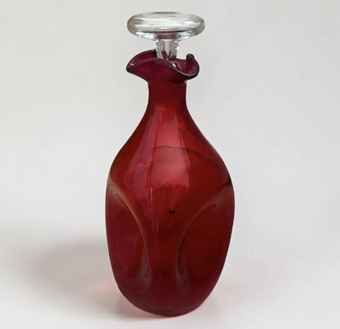 Vintage Blenko pinched dimpled decanter bottle #49 ruby red with stopper Vintage Blenko pinched dimpled decanter bottle #49 ruby red with stopper