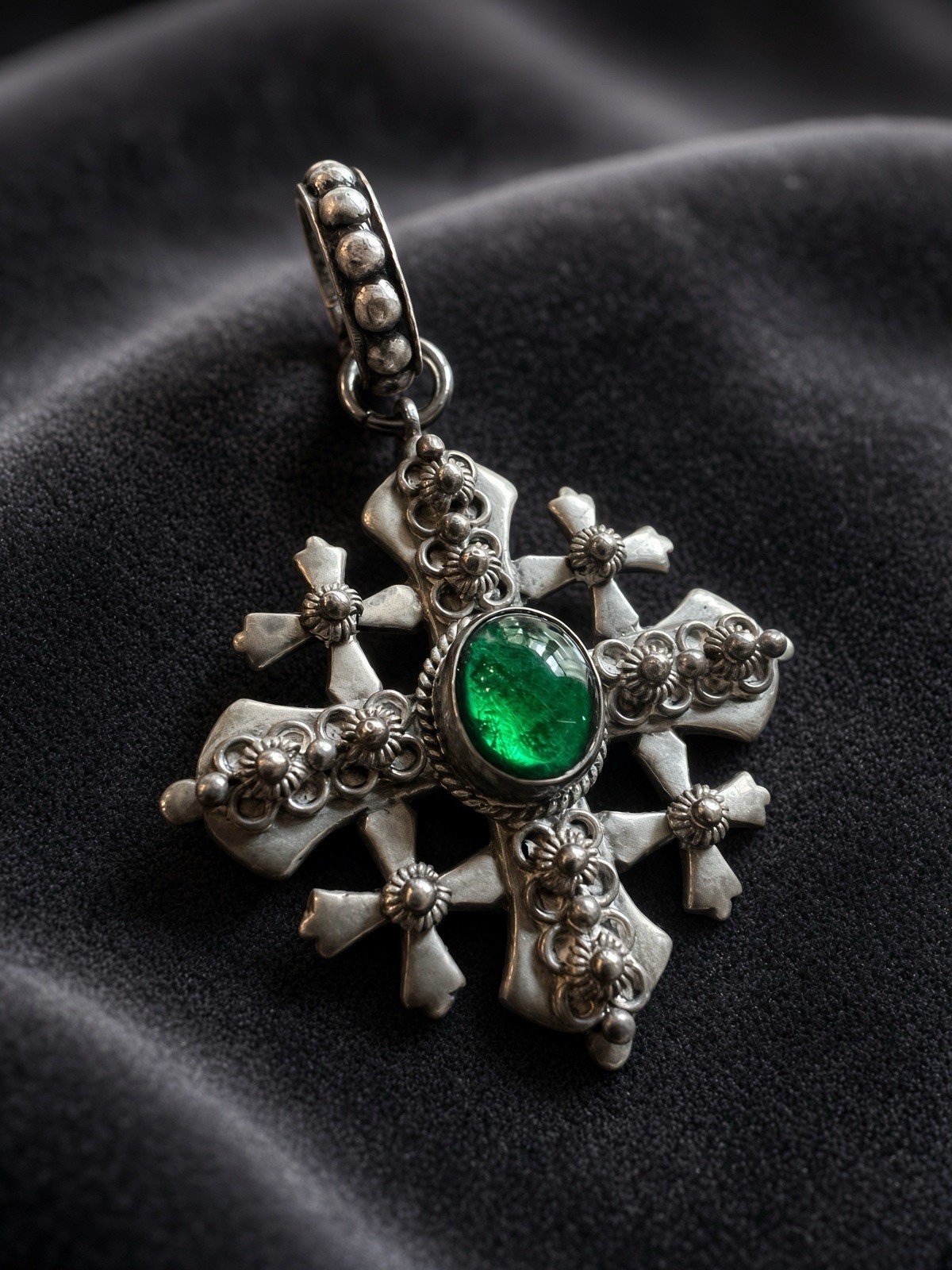 Vintage Holy Land Jerusalem Cross Pendant 800 Sterling Silver Green Cabochon Vintage Holy Land Jerusalem Cross Pendant 800 Sterling Silver Green Cabochon