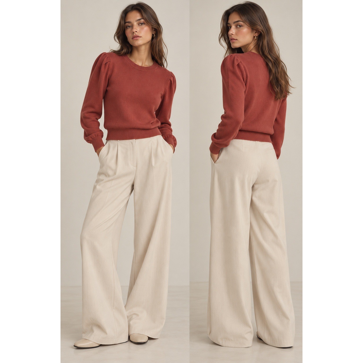 Aritzia Wilfred Merino Wool Puff Sleeve Sweater Womens S Burnt Orange Crewneck