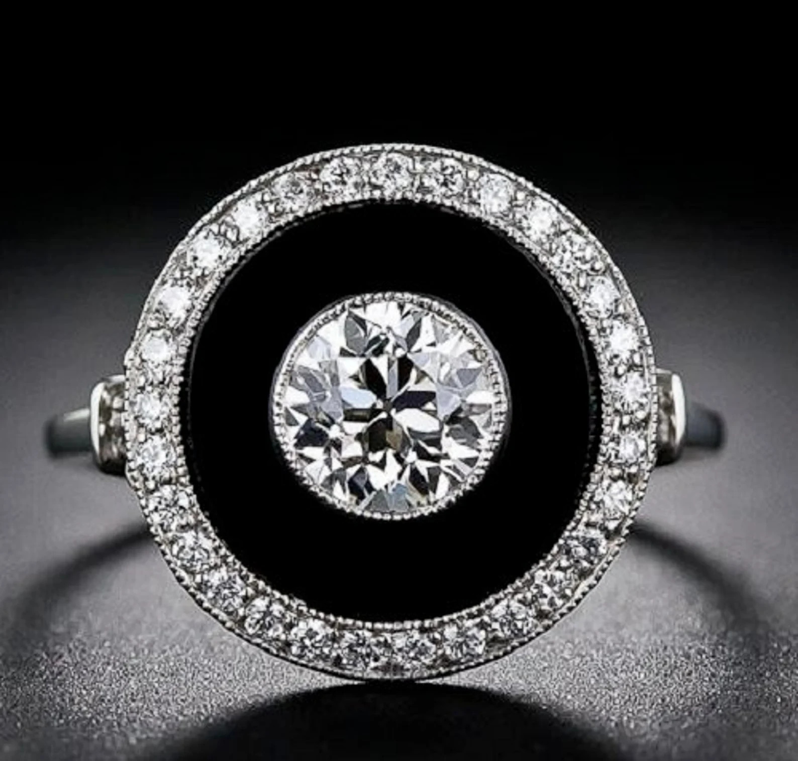 Beautiful Art Deco Style Hand Engraved and Mil-Grained Black Onyx & Old CZ Ring