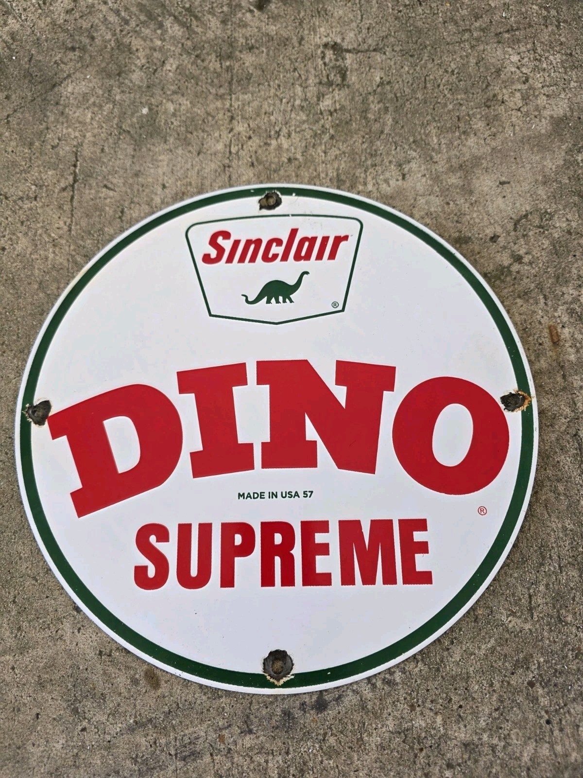 VINTAGE 1957 SINCLAIR DINO SUPREME GAS STATION PORCELAIN SIGN 12 VINTAGE 1957 SINCLAIR DINO SUPREME GAS STATION PORCELAIN SIGN 12