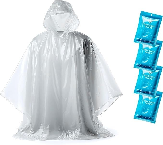 4 Pack Disposable Rain Ponchos for Adults with Hood, Clear Emergency Travel Gear