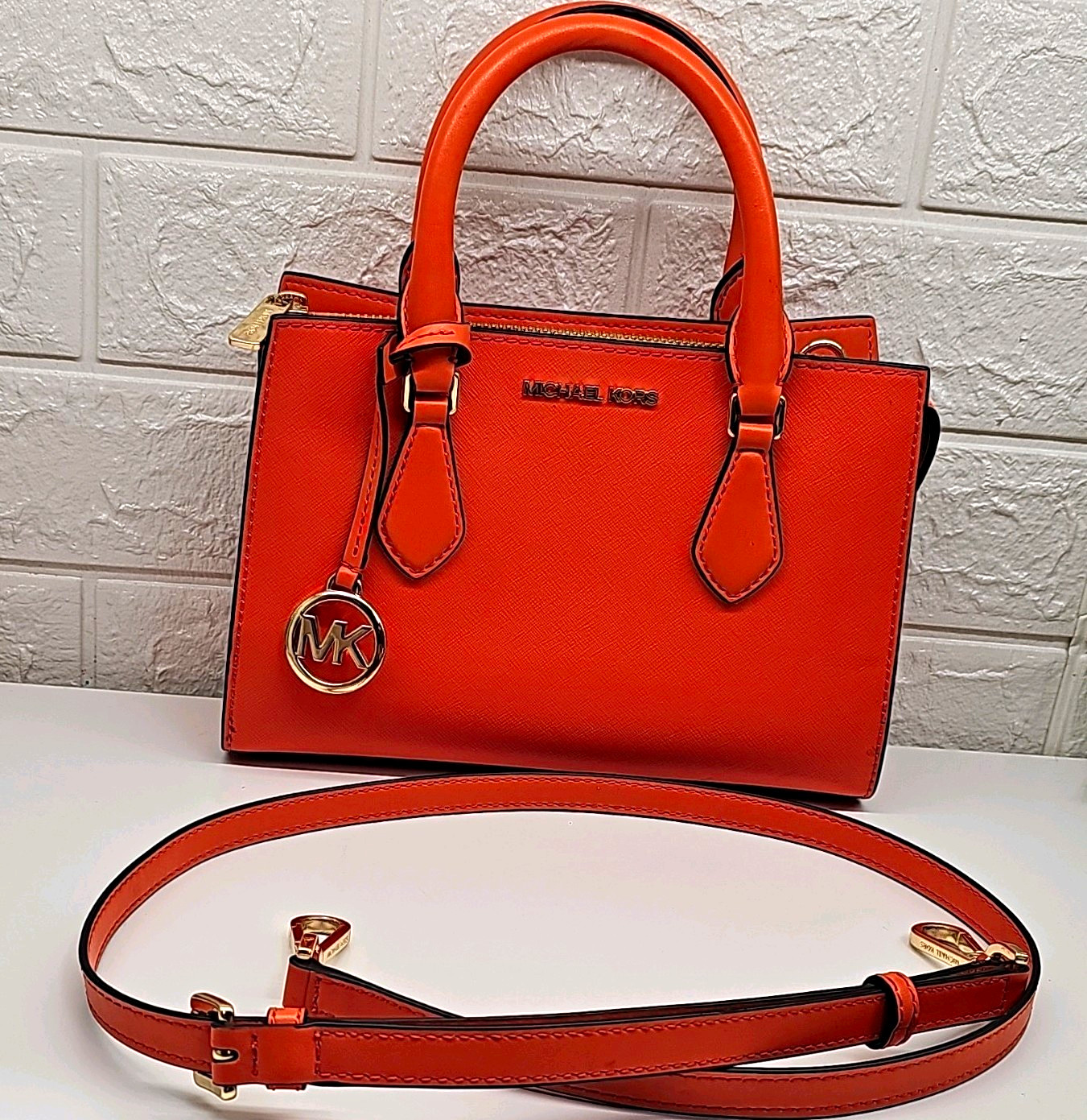 Michael Kors Sheila Small Center Zip Satchel Poppy Orange Vegan Faux Leather