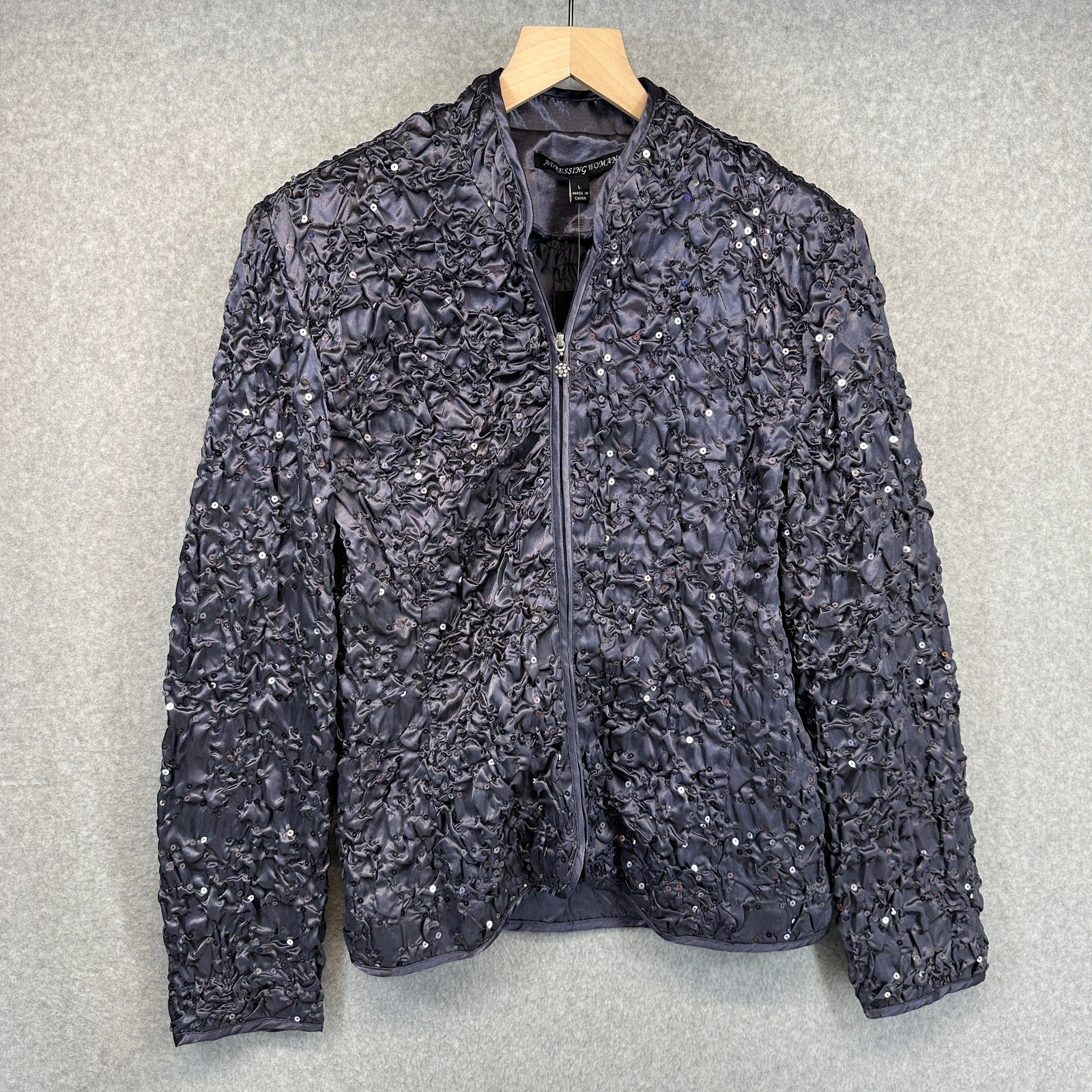 Adressing Jacket Womens Large Gunmetal Gray Sequin Crinkle Embellished Full Zip Adressing Jacket Womens Large Gunmetal Gray Sequin Crinkle Embellished Full Zip