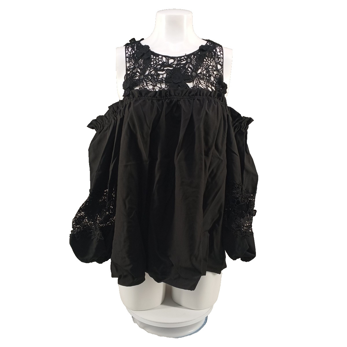 NWT WOWO Summer Floral Lace Cold Shoulder Top Woven Black Pullover