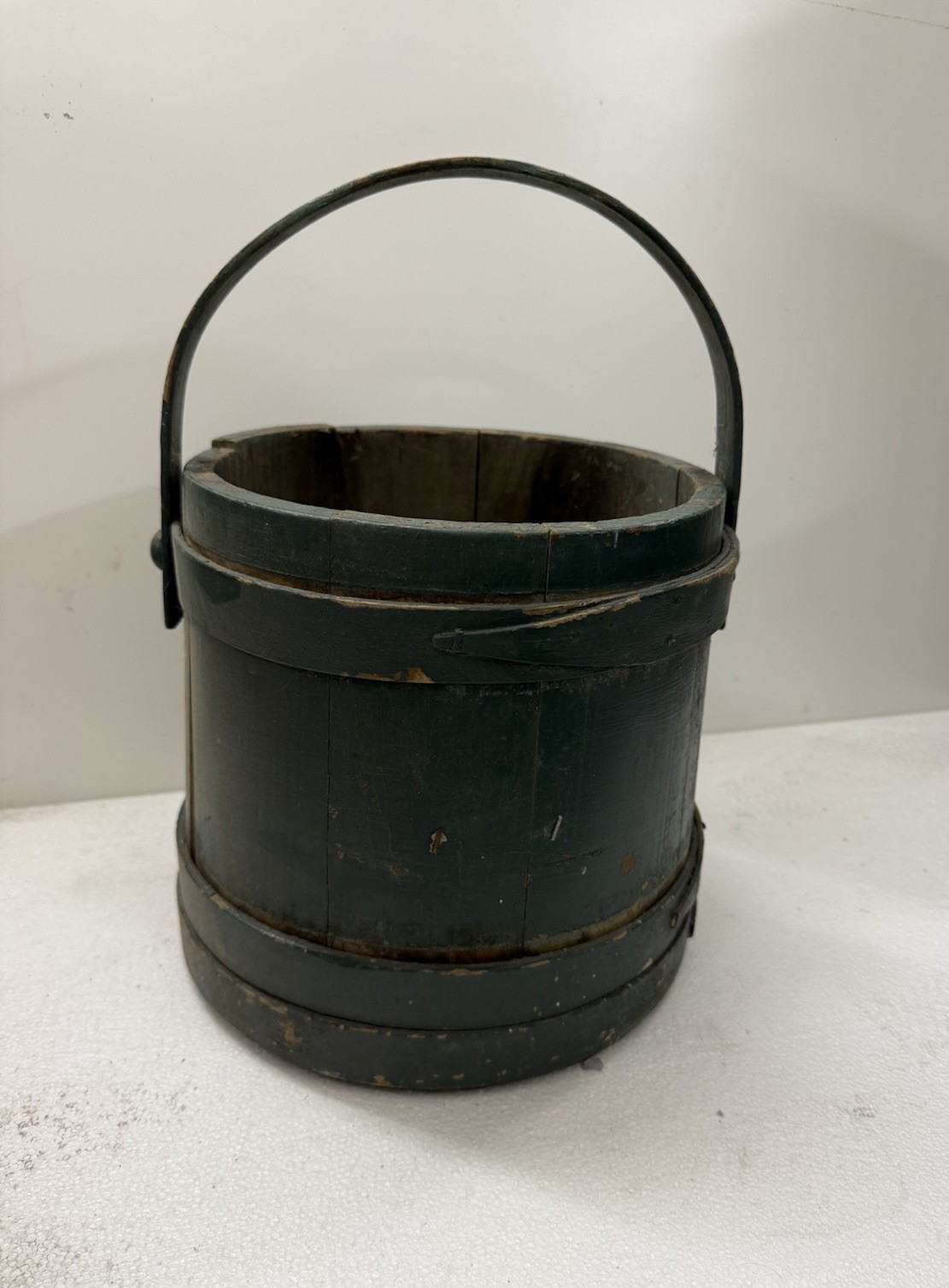 Vintage Primitive Wooden Firkin Sugar Bucket w/ Handle Antique Green Painted Vintage Primitive Wooden Firkin Sugar Bucket w/ Handle Antique Green Painted