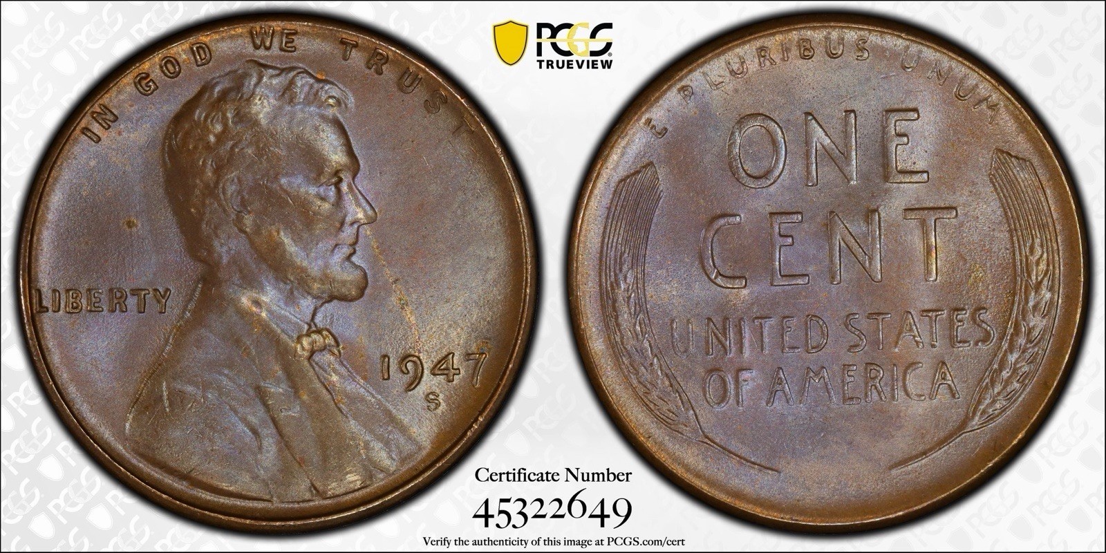 1947-S Lincoln Cent PCGS MS65BN Toned Pop 19/3