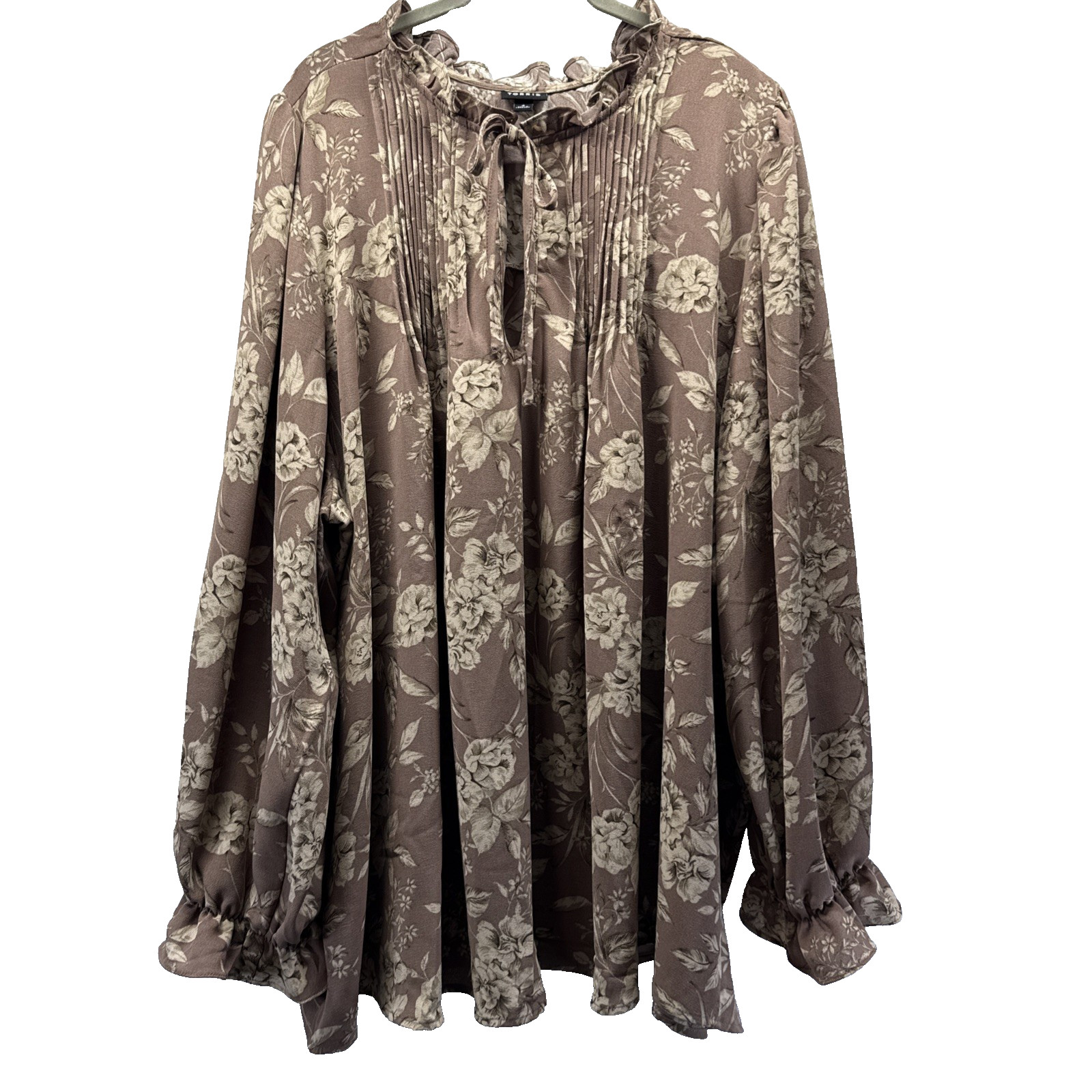 Torrid Women\'s Top Size 4X Bohemian Long Sleeves Pintuck Brown Ivory Long Sleeve