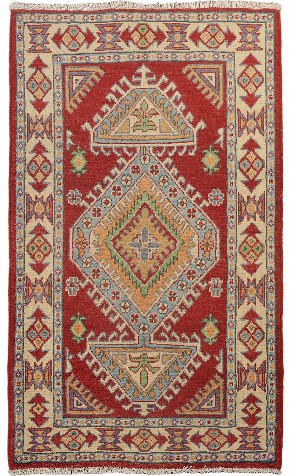 Geometric Traditional Hand-Knotted Wool Red & Ivory 3x4 Accent Rug